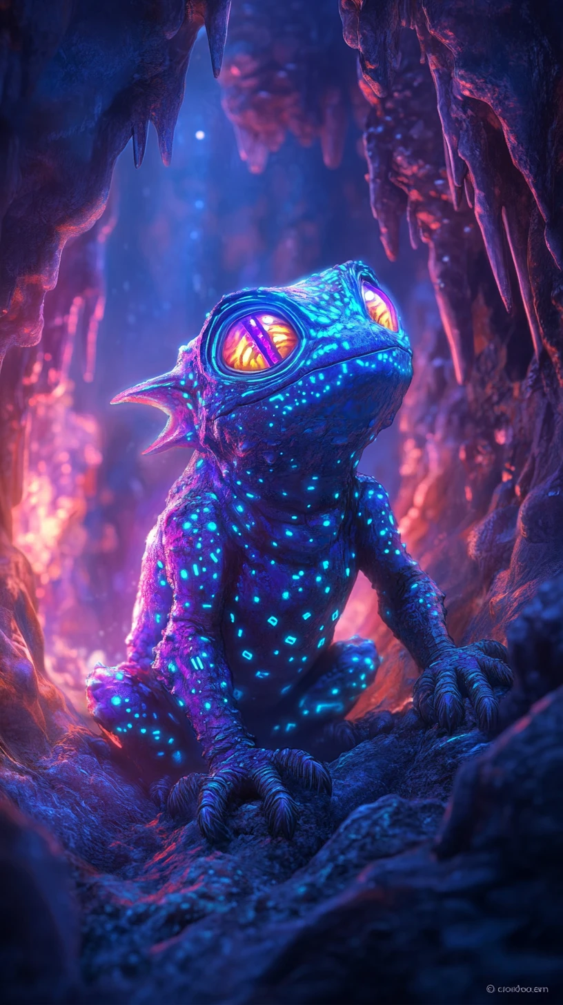 Goblin creature crouched in a glowing bioluminescent cave