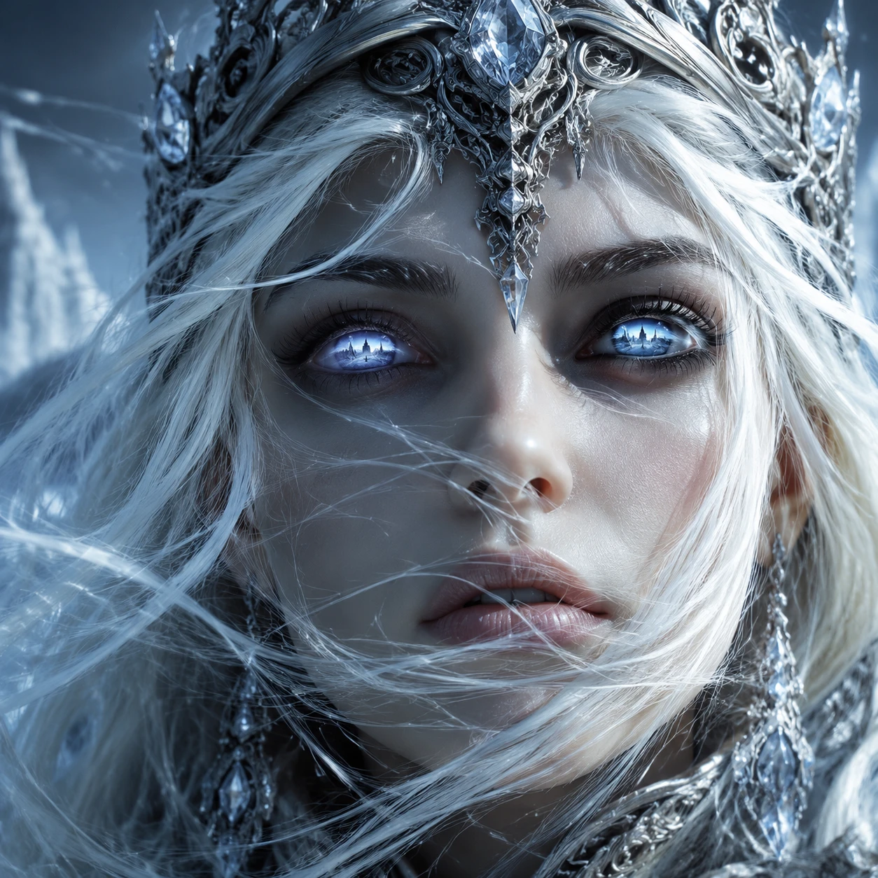 Close up portrait of a crystal oracle with icy vision