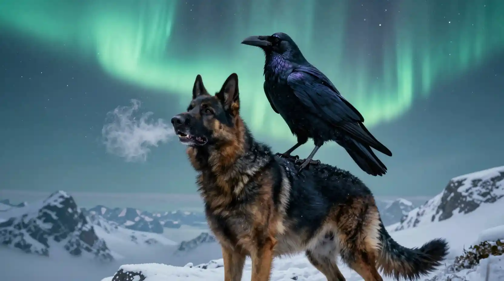 Norse dog and raven under glowing aurora on snowy peak