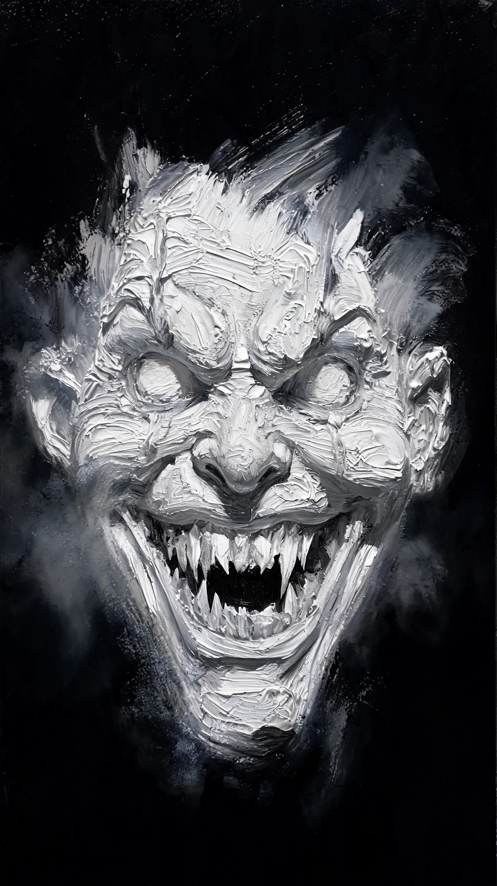 Grotesque demonic clown face on dark abstract background
