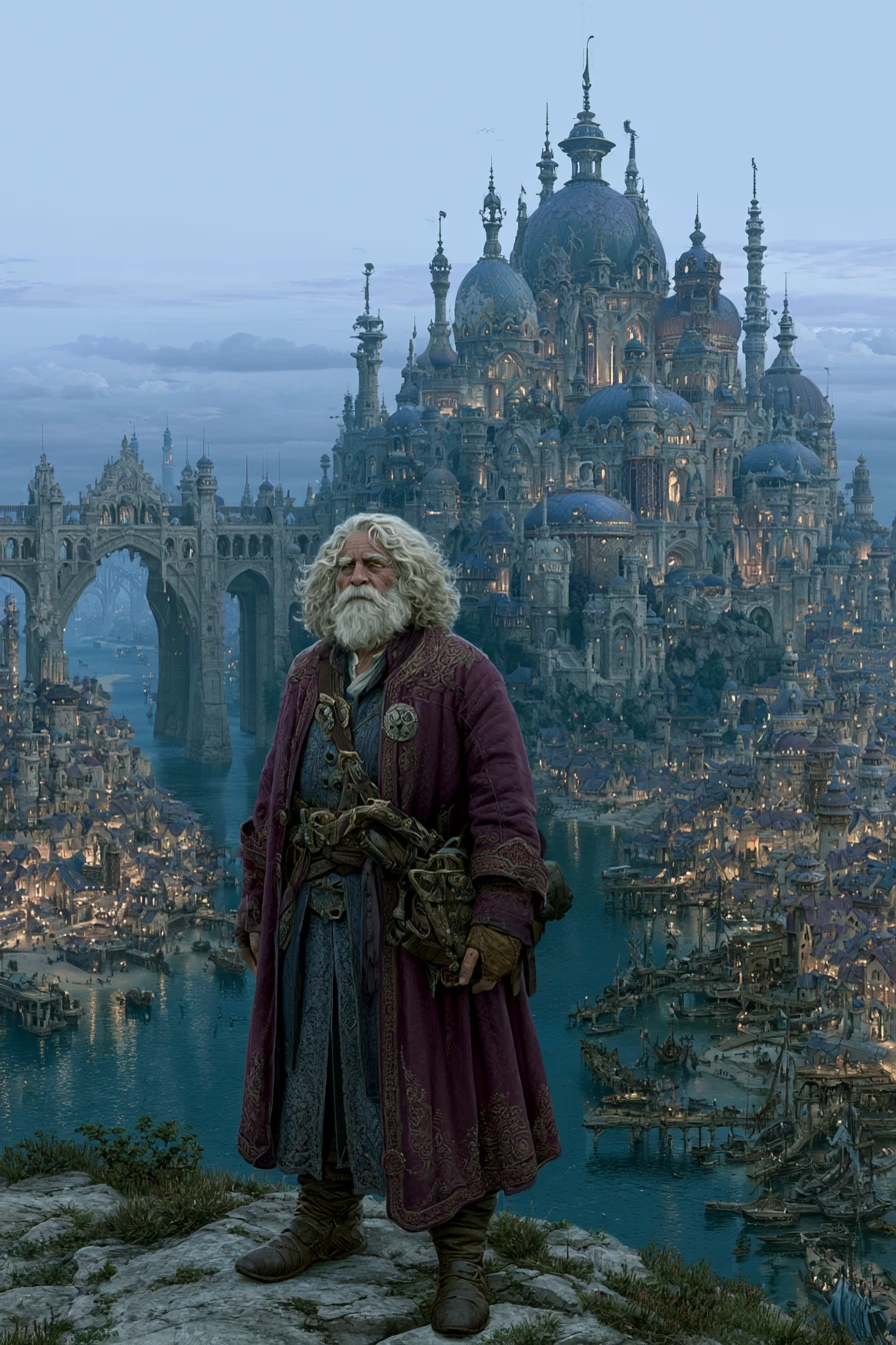 Close up fantasy woman by a river and arched bridge