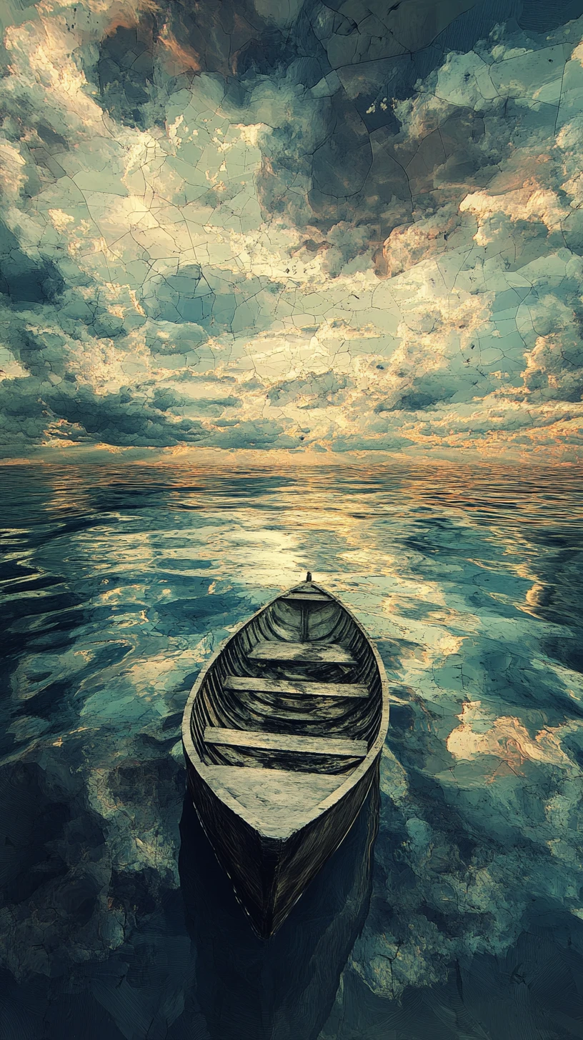 Boat drifting through surreal reflections of a fractured sky