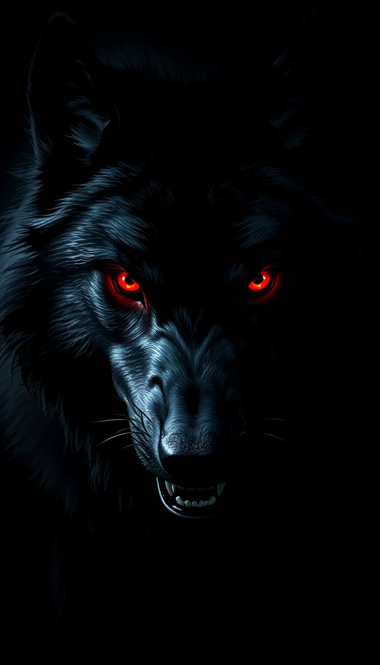 Huge black wolf with glowing red eyes in darkness