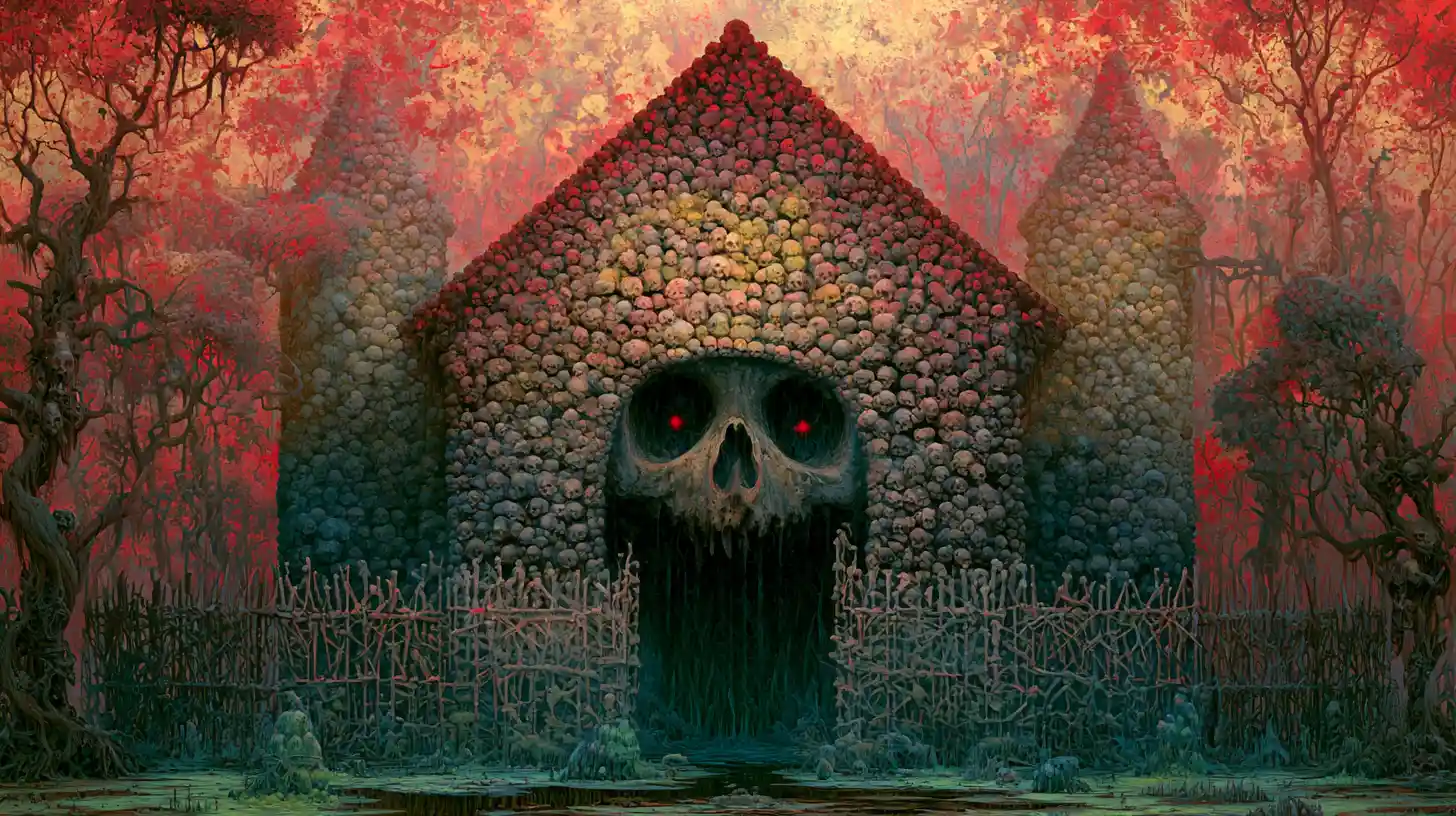Haunted skull mansion with gaping maw in nightmare forest