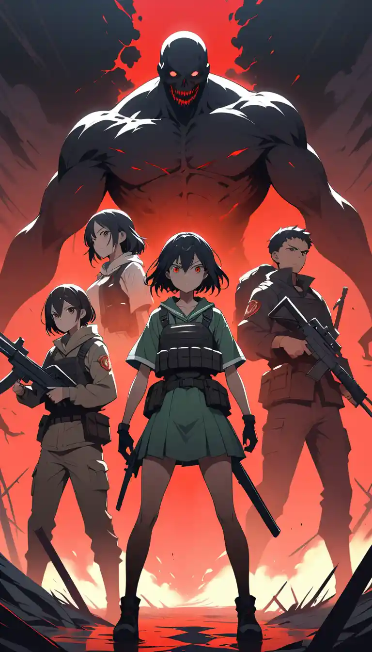 Anime survivors standing together in a dark ominous scene