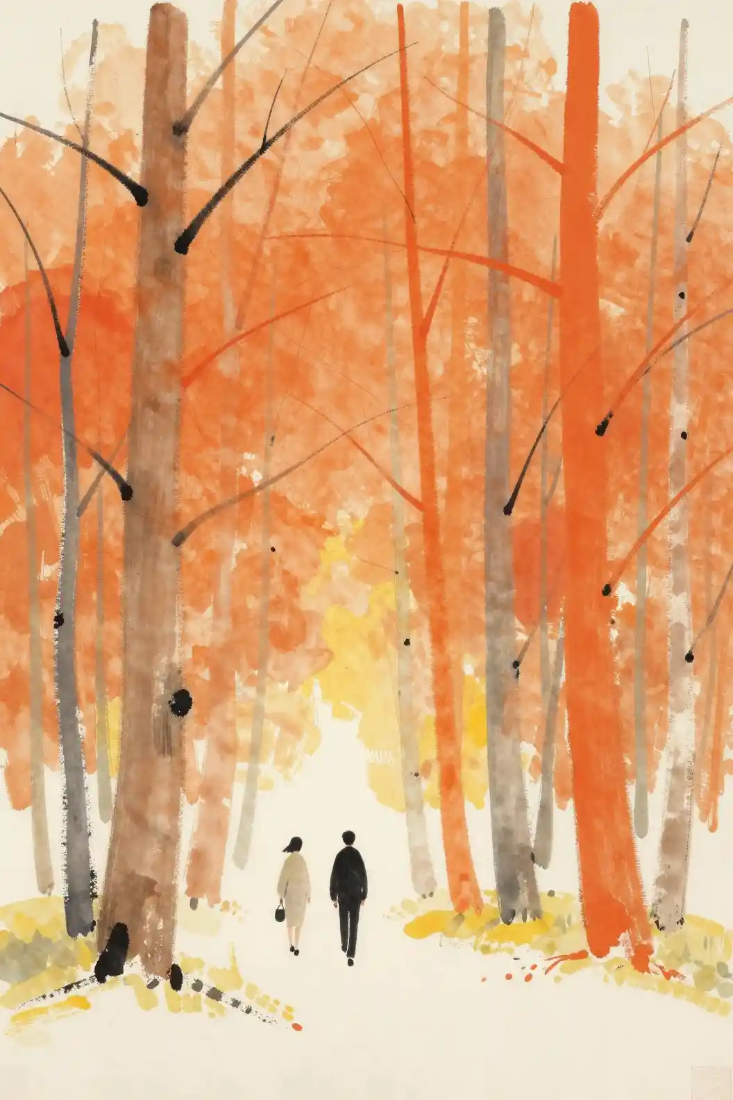 Two figures walking together through an abstract sunset forest