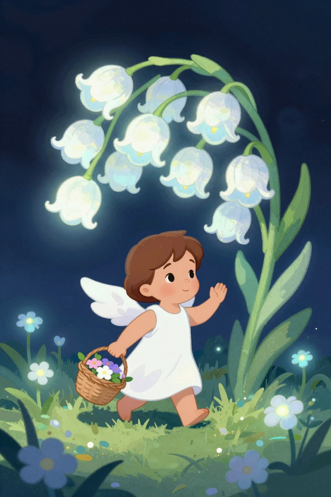 Little angel girl under glowing white bluebell flower