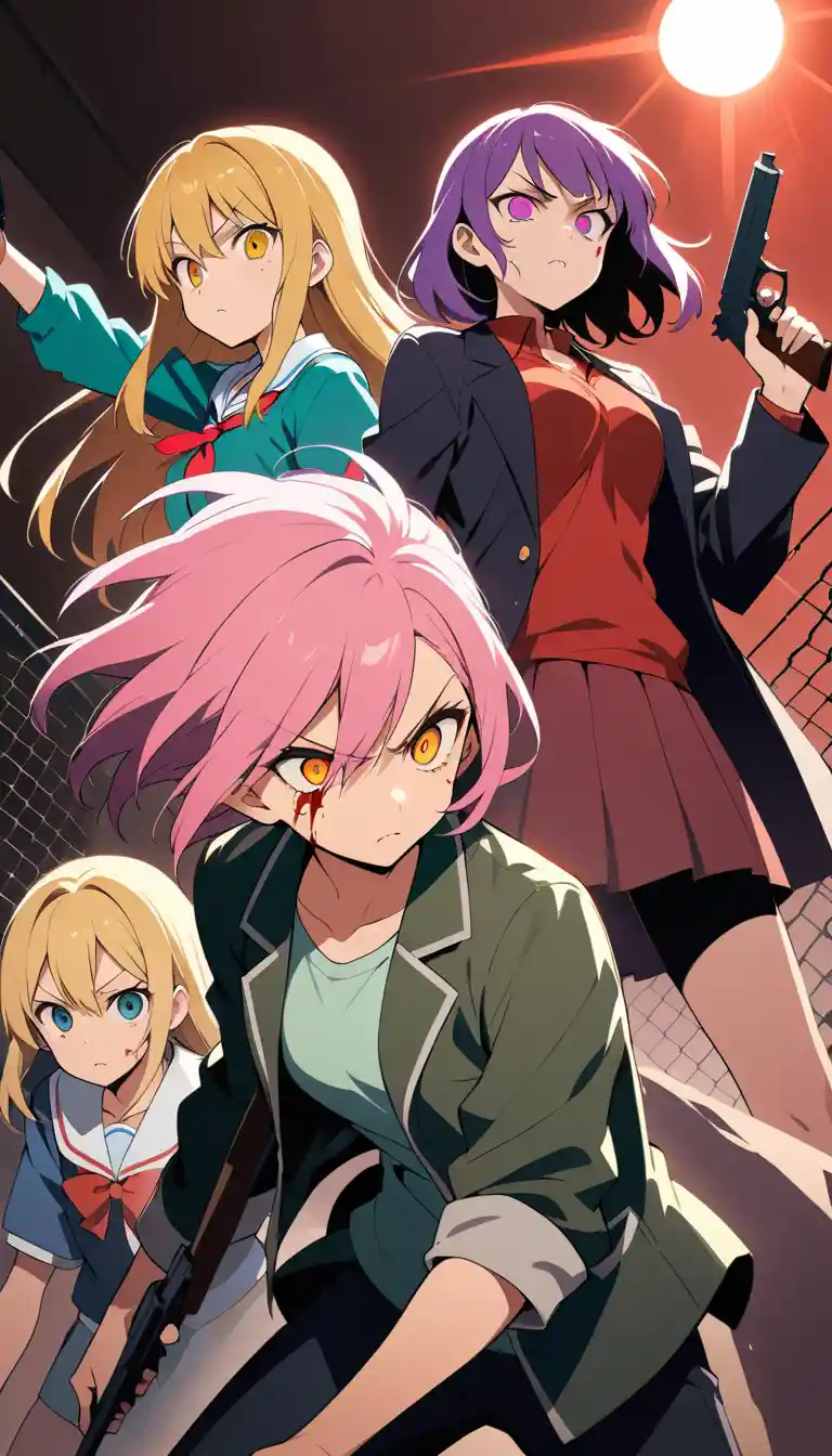 Anime teens facing a zombie apocalypse in urban ruins