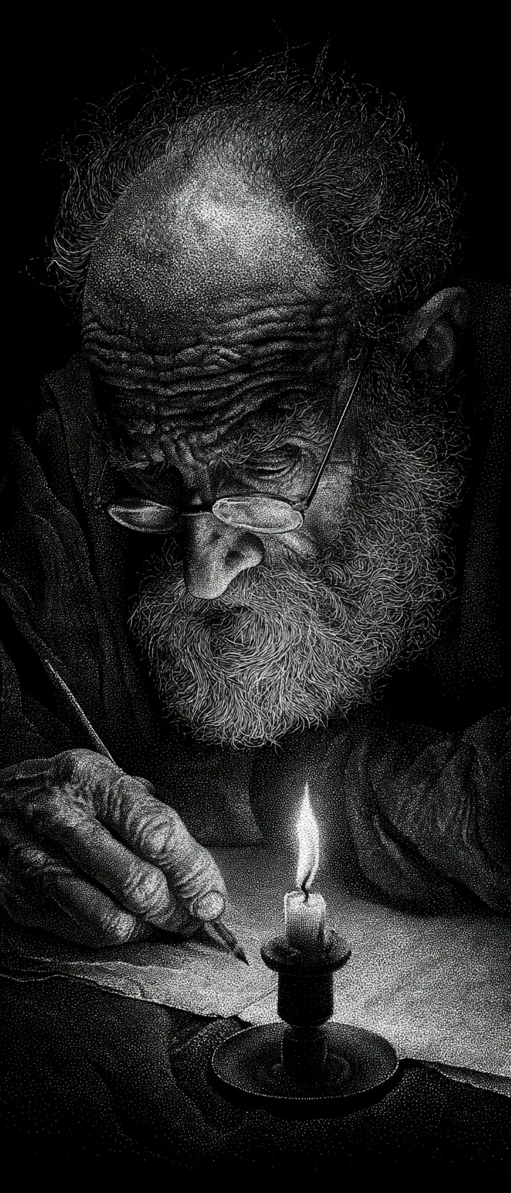 Elderly scholar studying by candlelight in stippling portrait