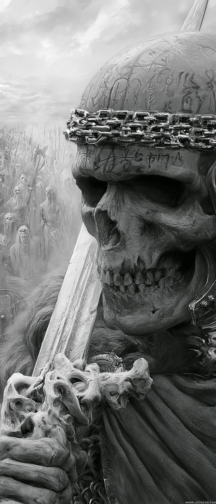 Ominous skeletal warrior portrait on a haunted battlefield