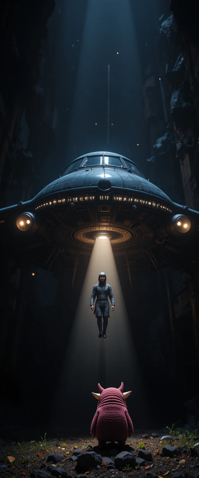 High contrast UFO abduction scene in deep darkness