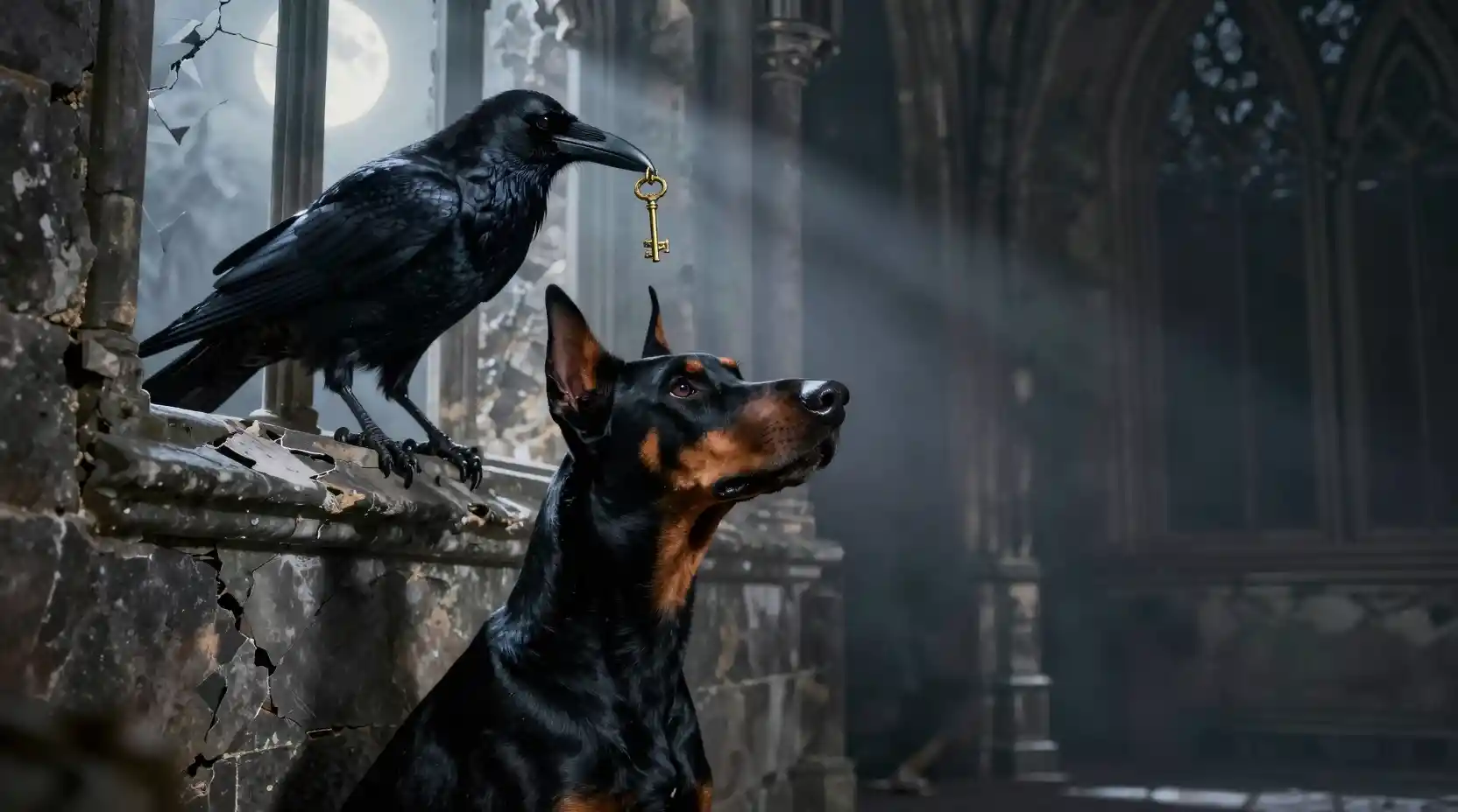 Doberman gazing at raven with key in ruined cathedral