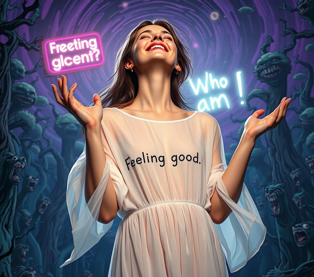 Ecstatic woman in white dress in surreal horror forest