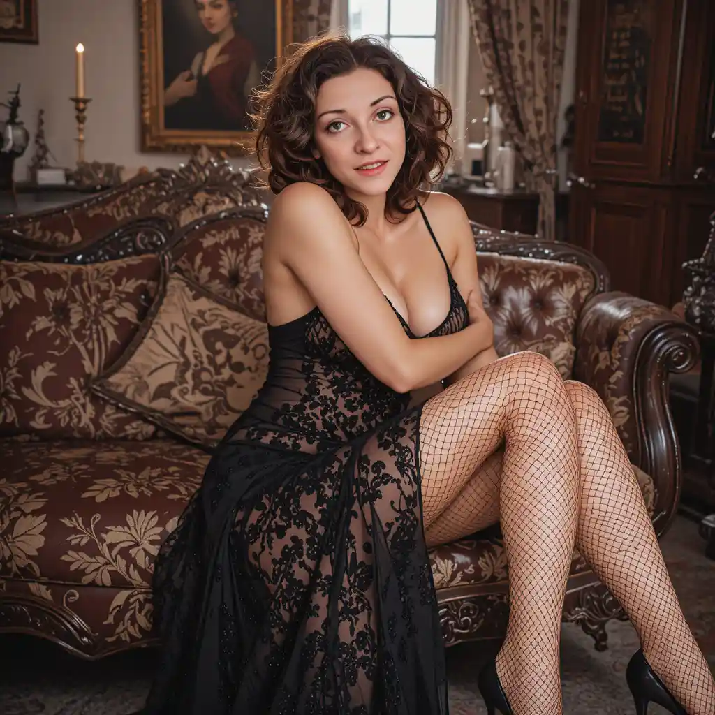 Woman in black lace dress sitting gracefully on a sofa