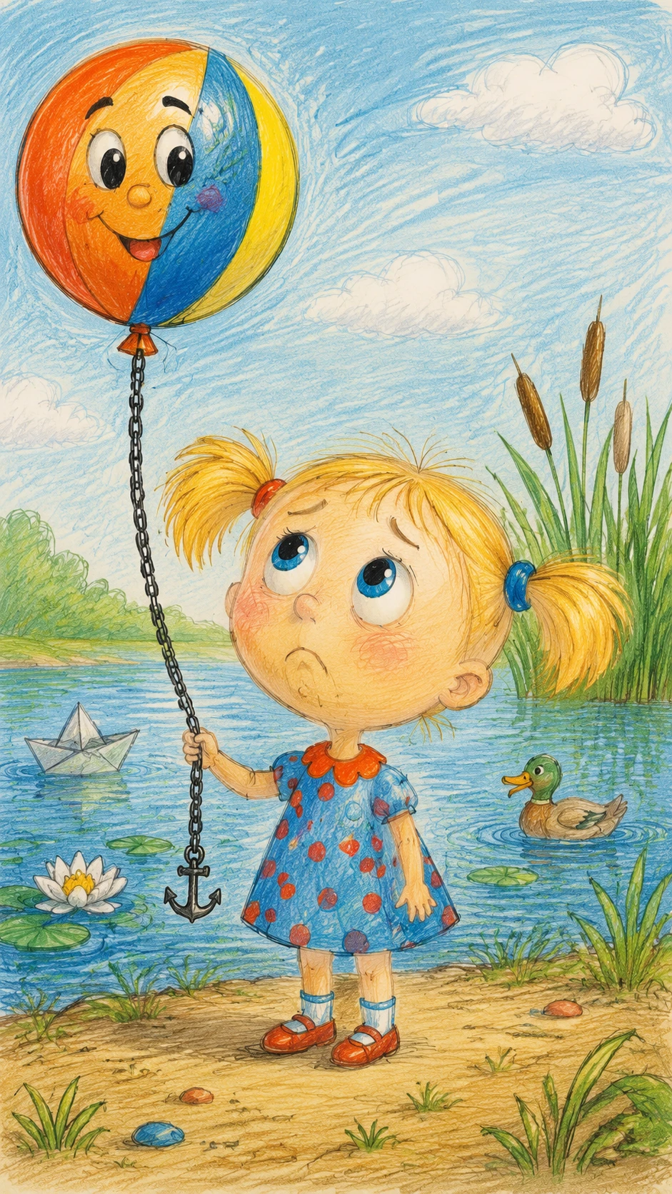 Cute cartoon girl with balloon ball by a lake