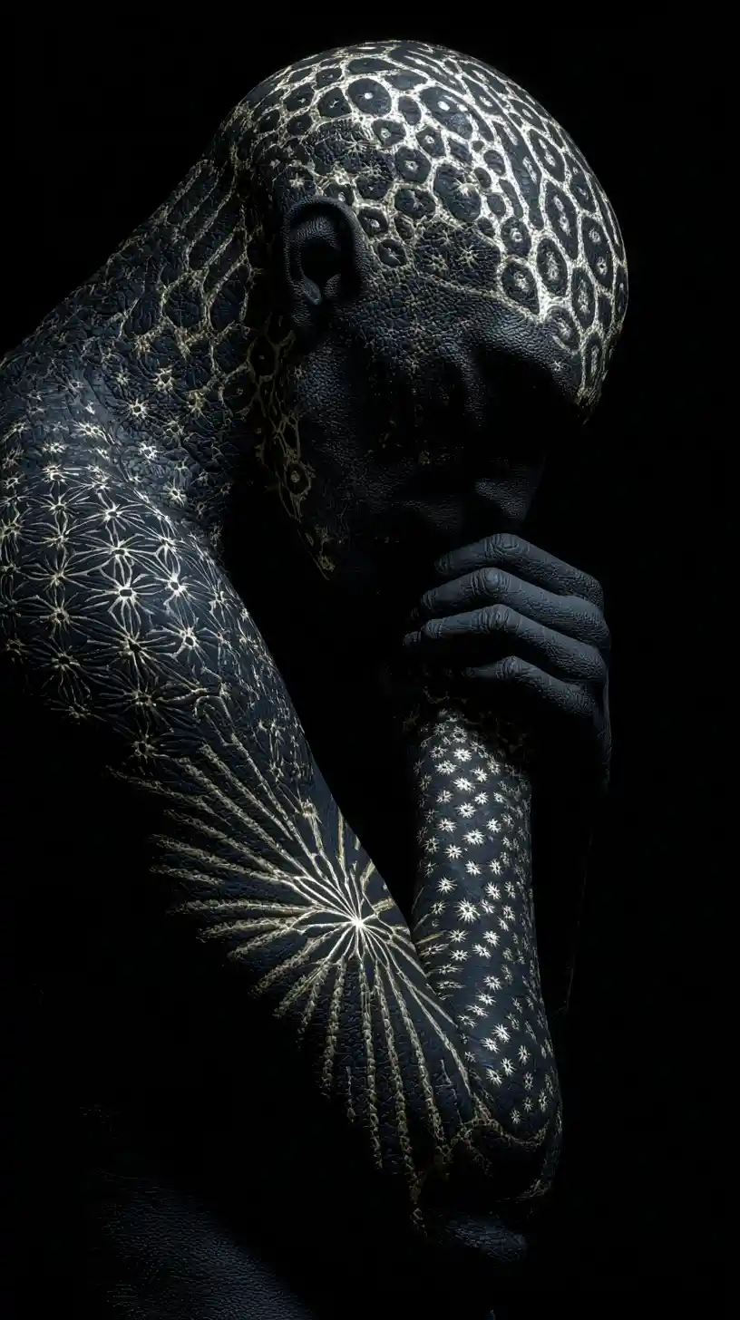 Glowing patterned creature emerging from a near black void