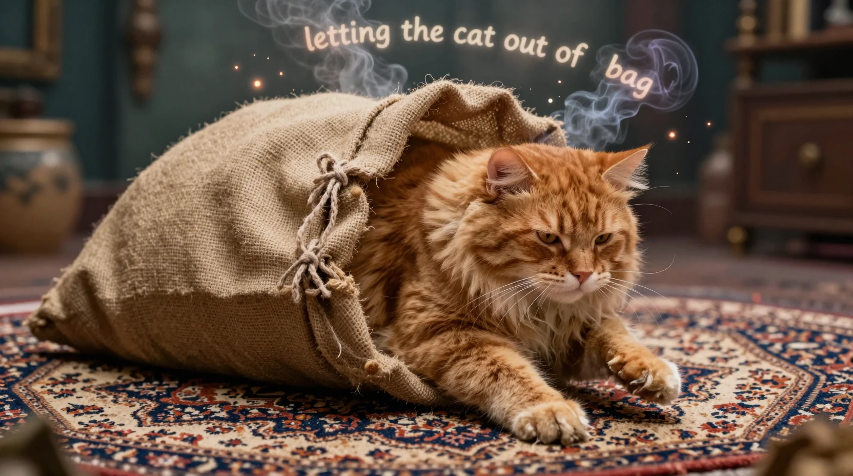 Ginger tabby cat stepping from a burlap bag on rug