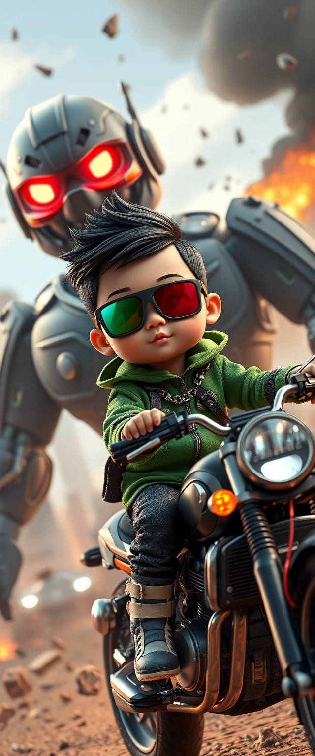 Superhero child battling giant mech in colorful cityscape