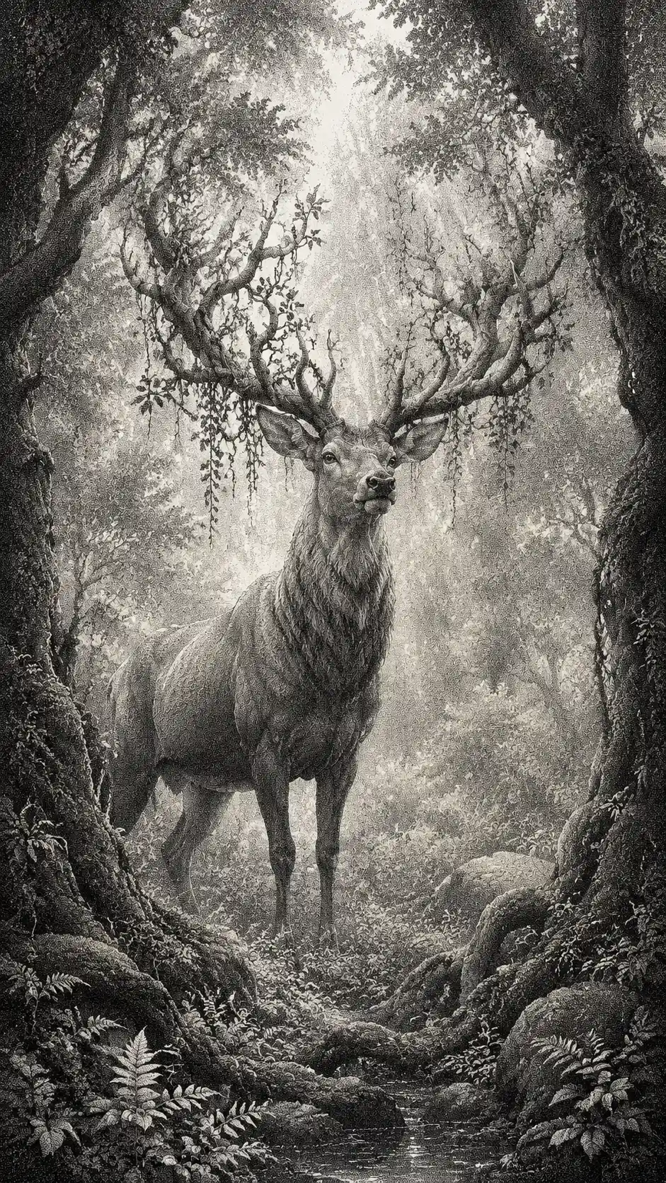 Majestic stag in a stippled enchanted forest clearing