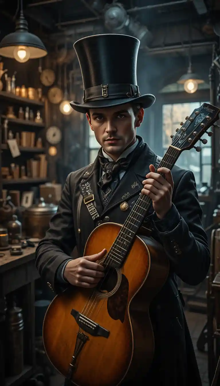 Steampunk man with guitar in blacksmith workshop setting