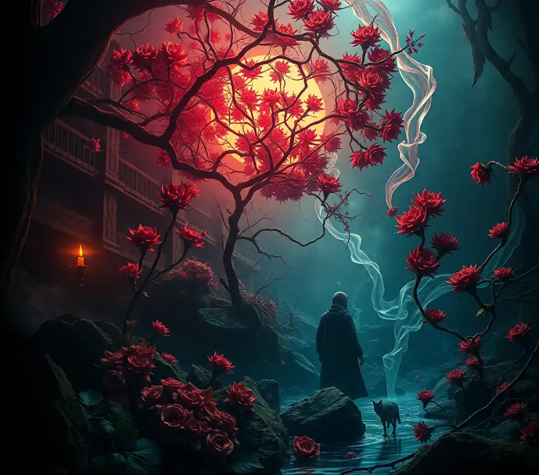 Surreal nature spirit embodying poison and sin in vivid color