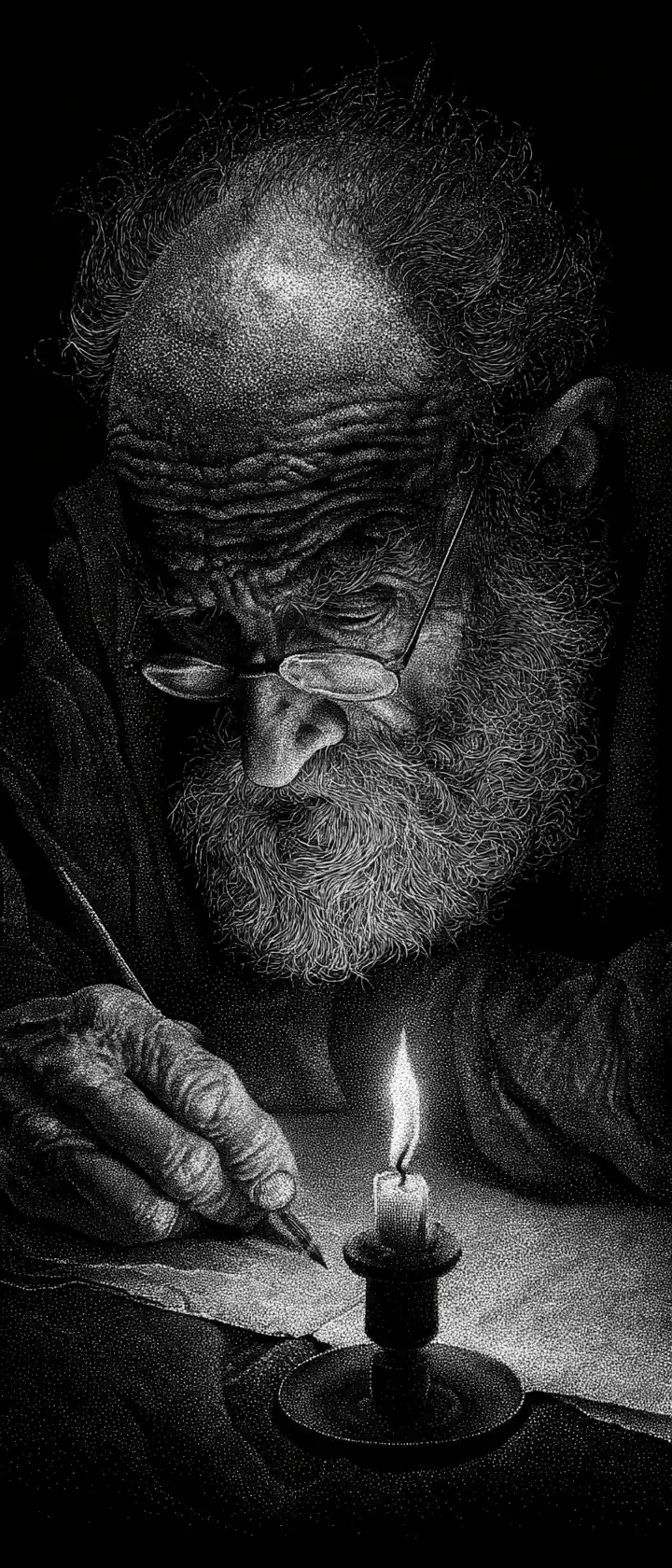 Elderly scholar studying by candlelight in stippling portrait