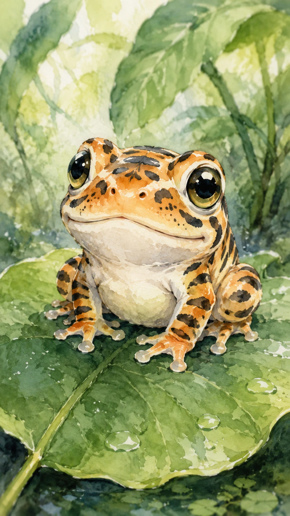 小さなトラガエルの生き物が葉の上で休むイラスト