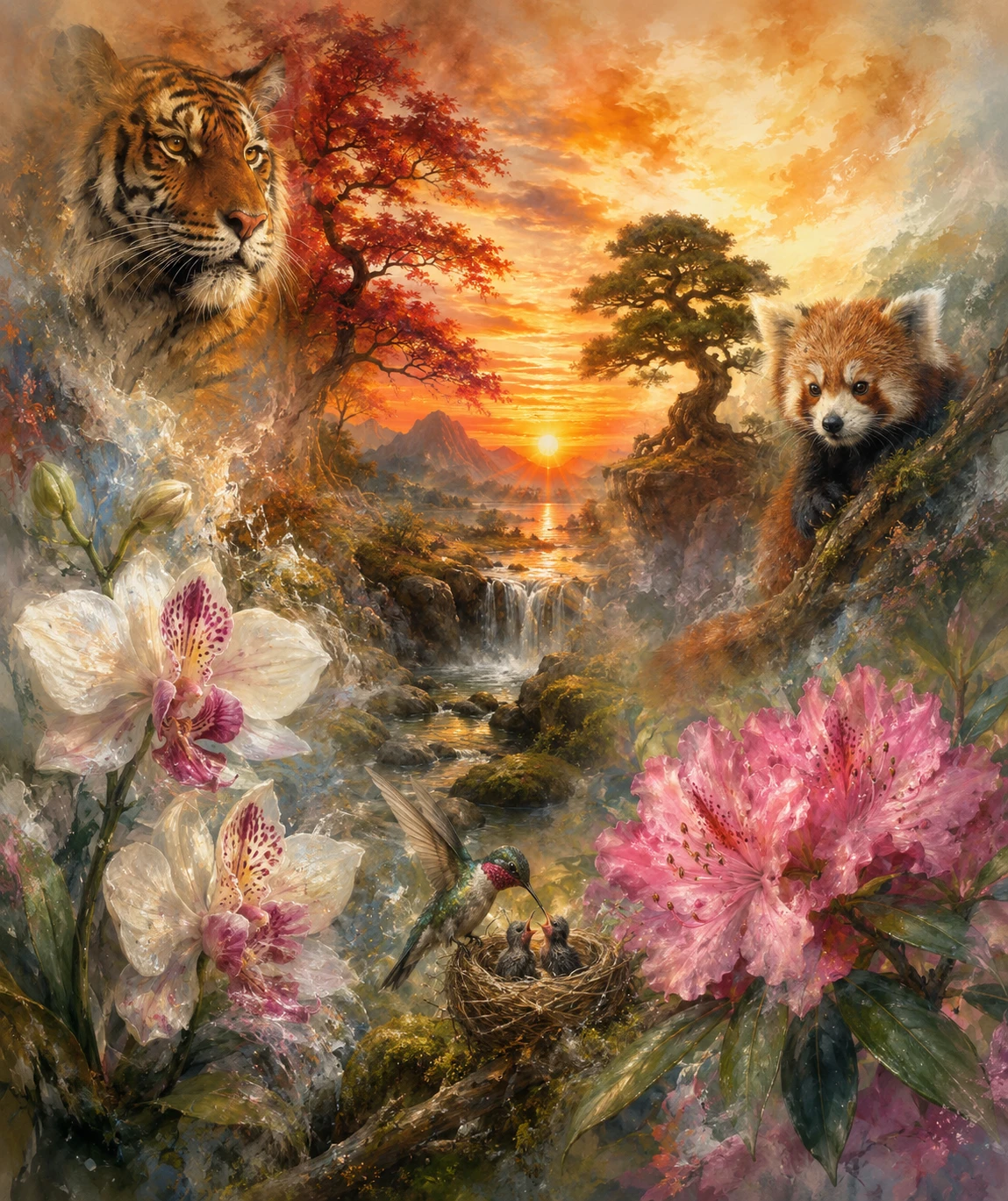 Asian forest stream at sunset with watercolor painting