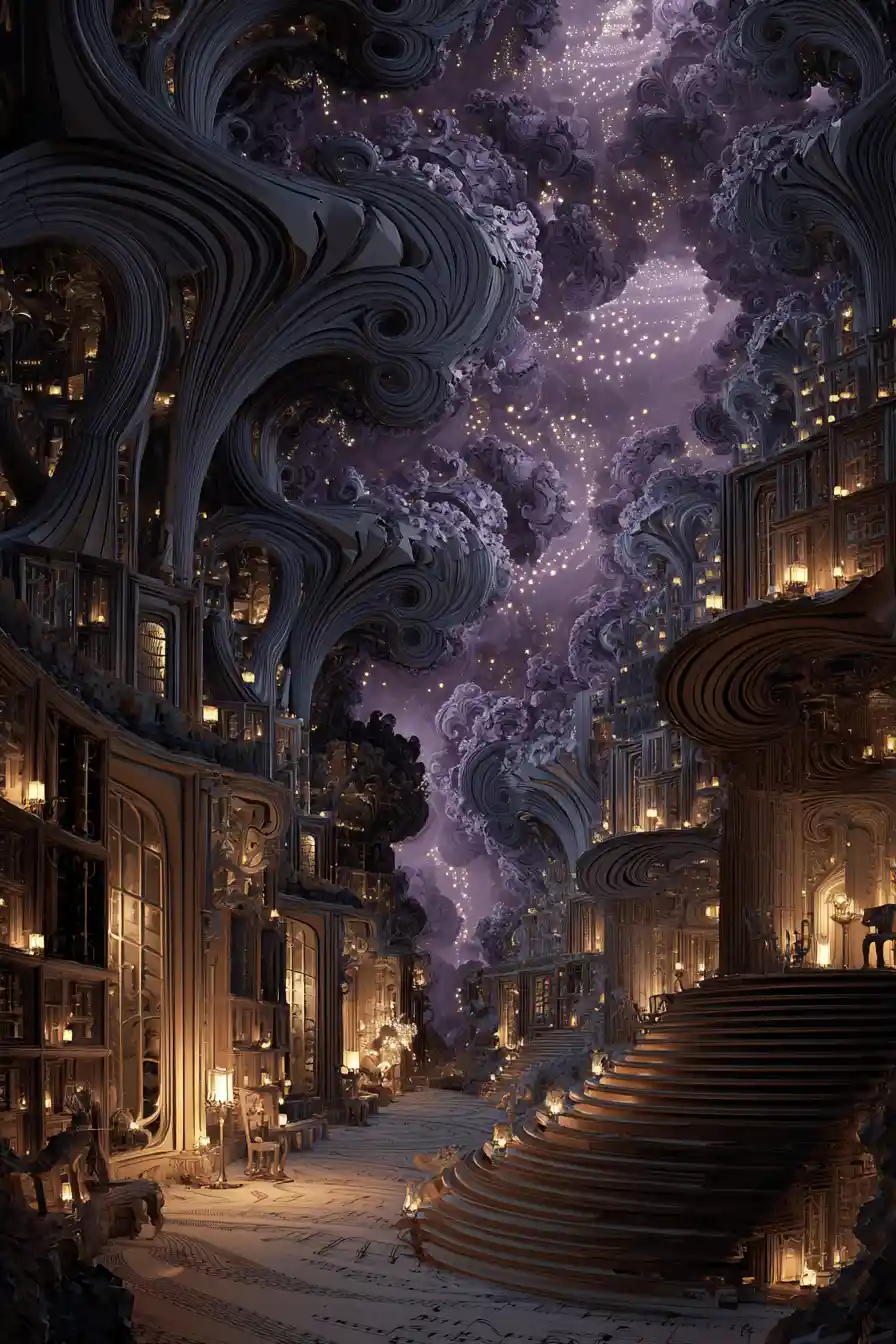 Fantasy house of fractal shapes in a dreamy musical world