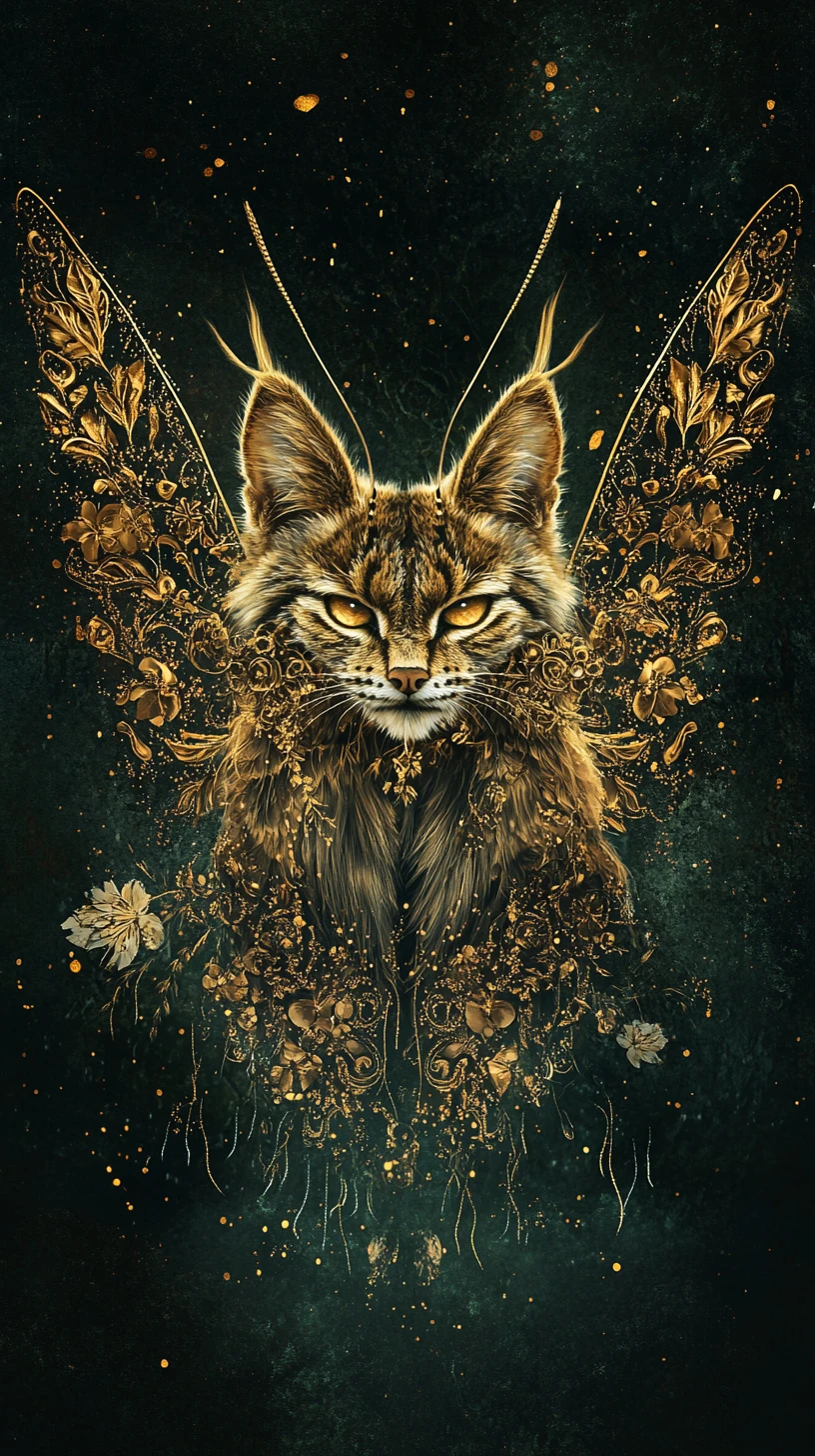 Ibrido mistico tra falena e lince con ali dorate ornate