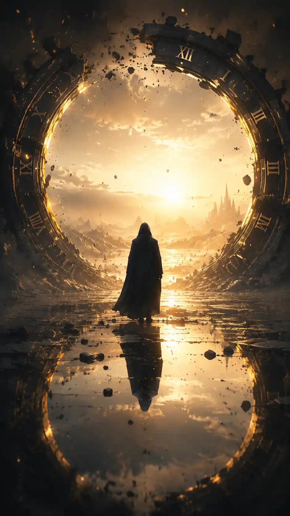 Cloaked Figure At A Glowing Fractured Clock Threshold