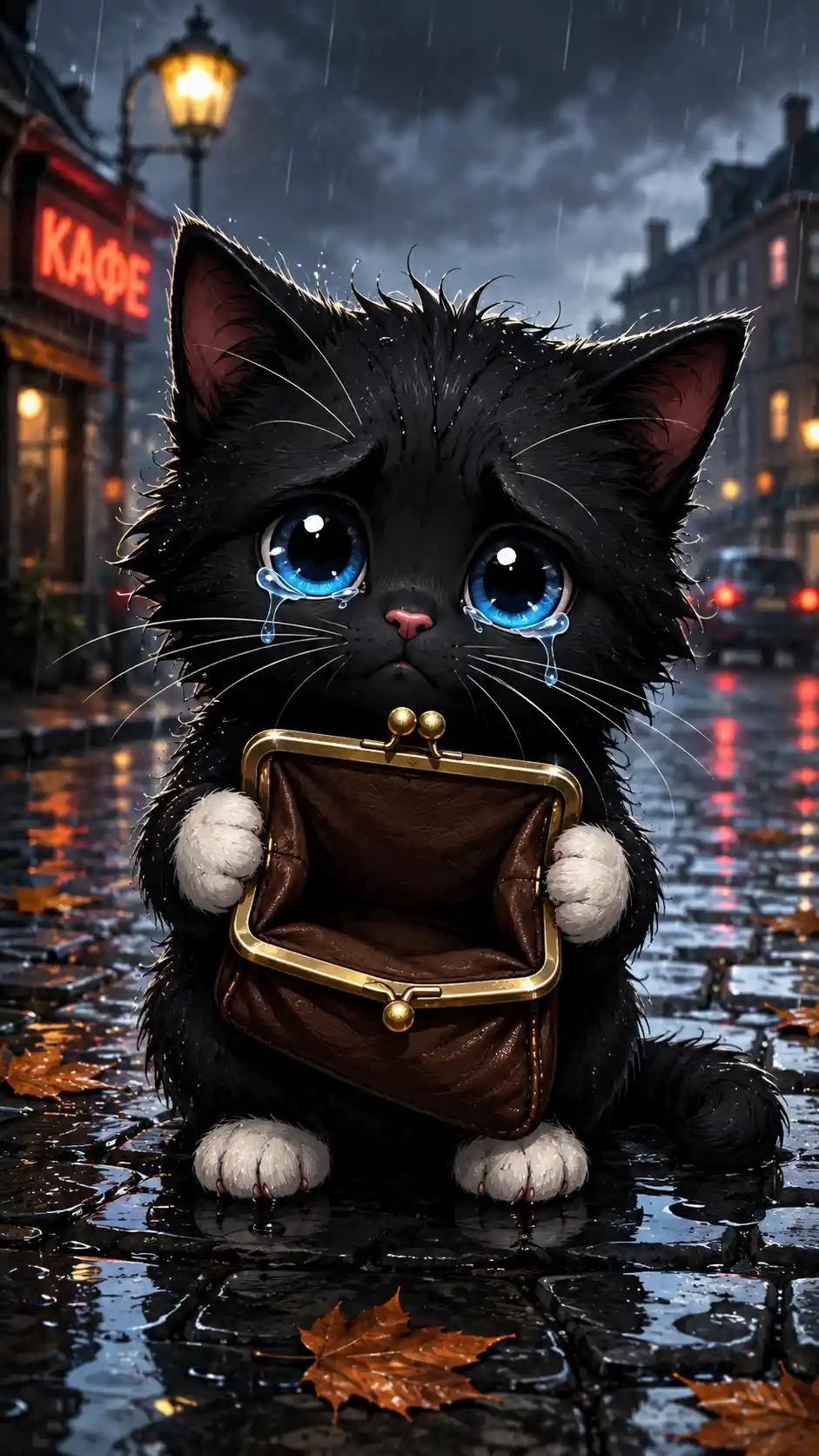 Sad black kitten with wallet on rainy city pavement