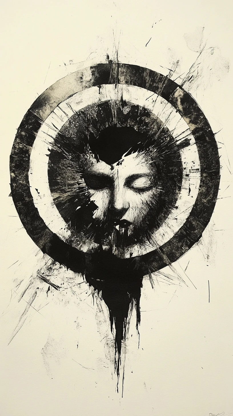 Circular eclipse design with fragmented gothic ink ornament