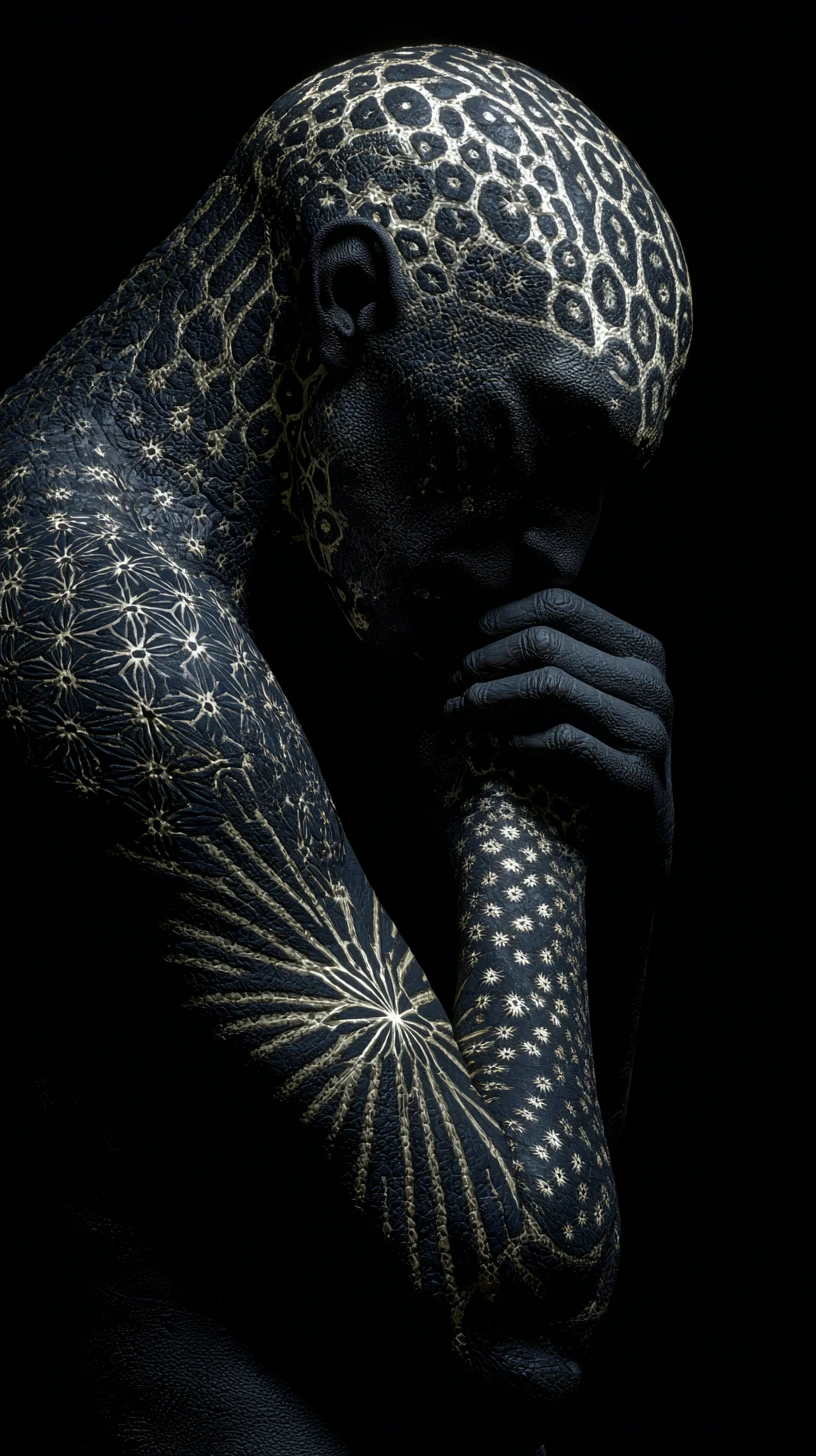 Glowing patterned creature emerging from a near black void