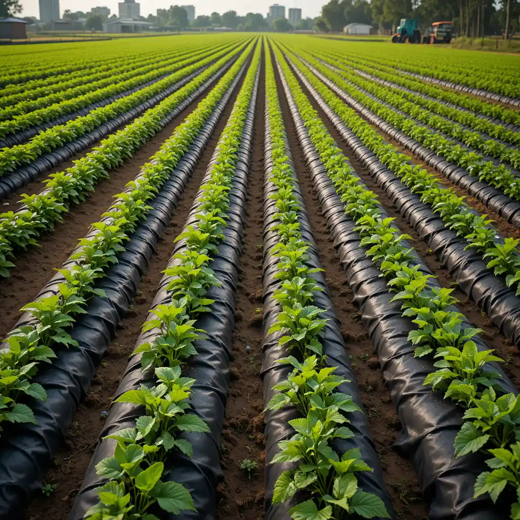 Chili plants in plastic mulched rows on open farmland
