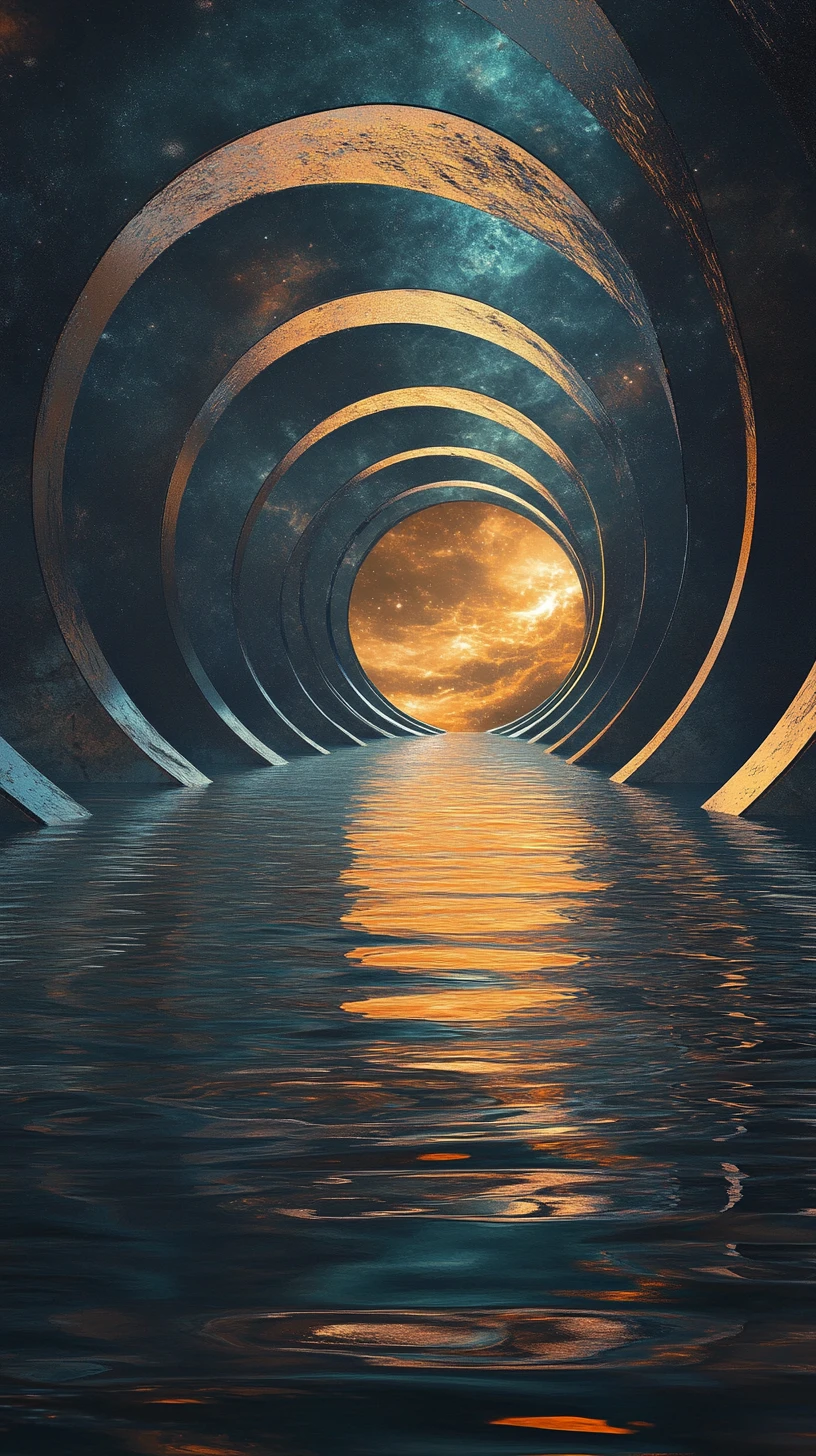 Glowing River Winding Through Surreal Overlapping Clock Rings