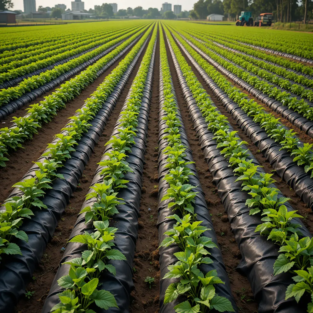 Chili plants in plastic mulched rows on open farmland