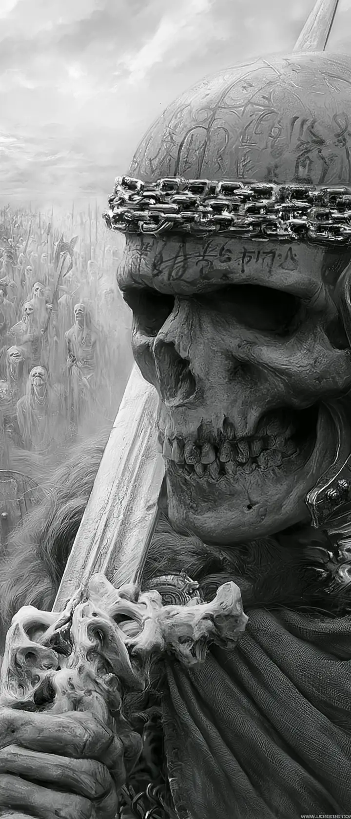 Ominous skeletal warrior portrait on a haunted battlefield
