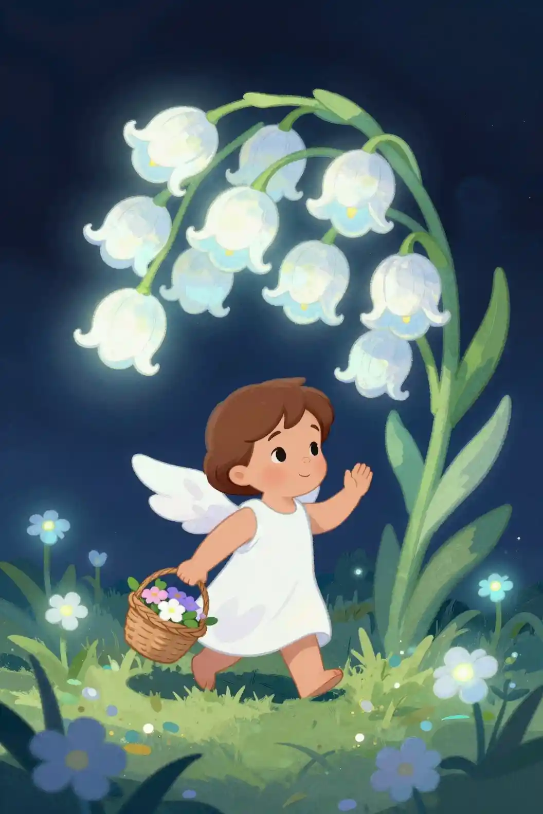 Little angel girl under glowing white bluebell flower