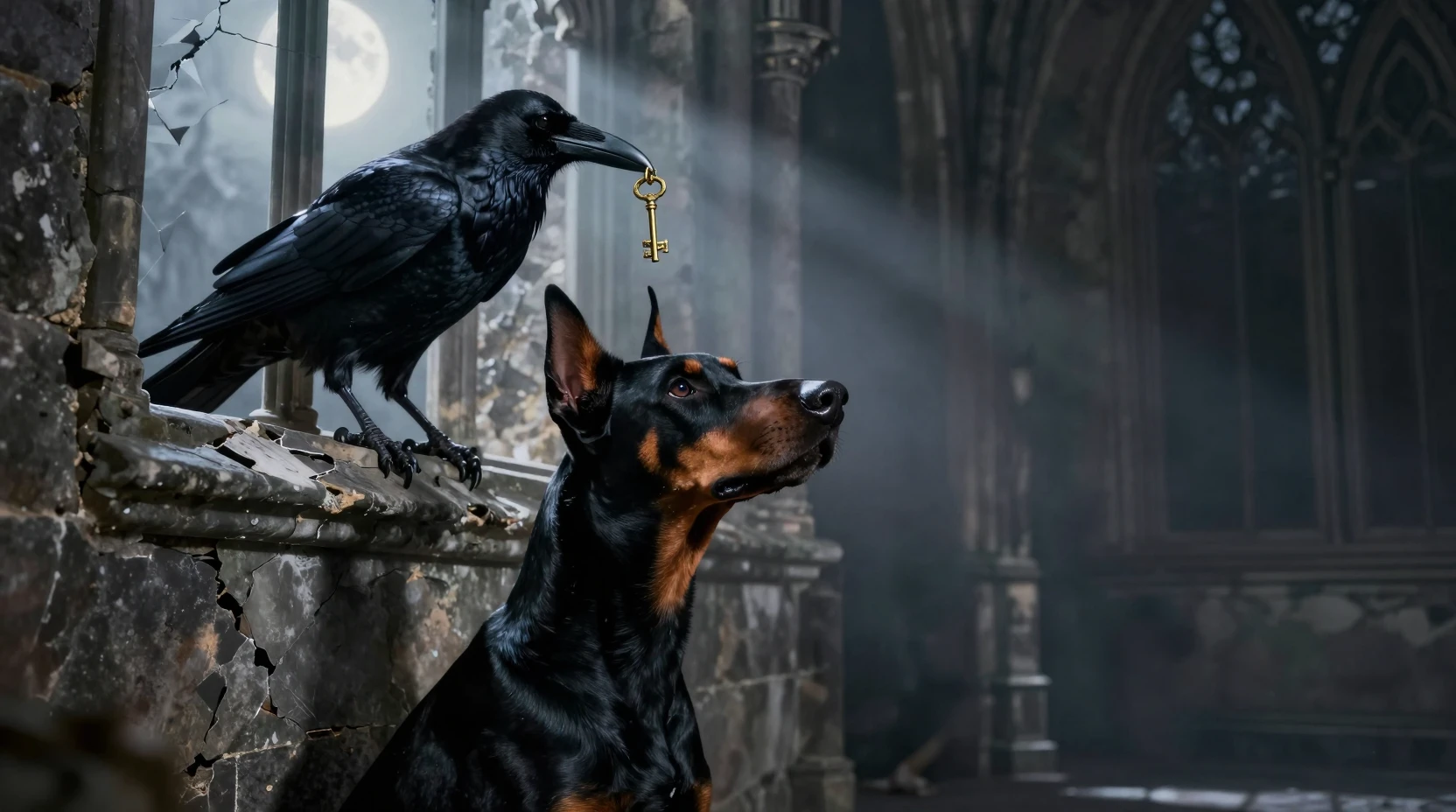 Doberman gazing at raven with key in ruined cathedral