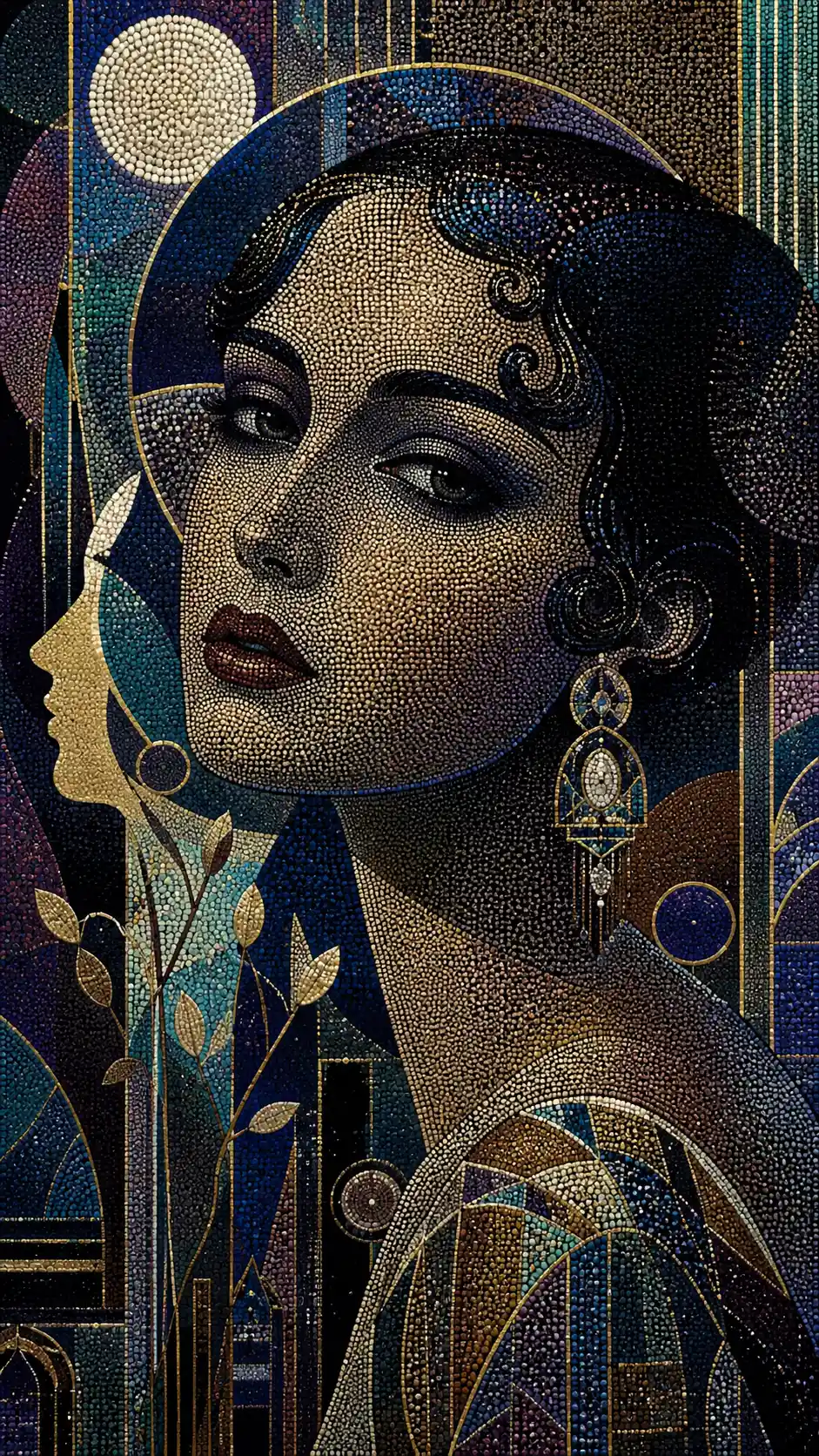 Retrato pontilhista de uma mulher misteriosa em estilo art déco