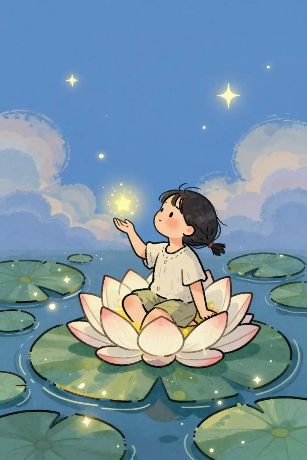 Cute girl on lily pad in a magical twilight pond
