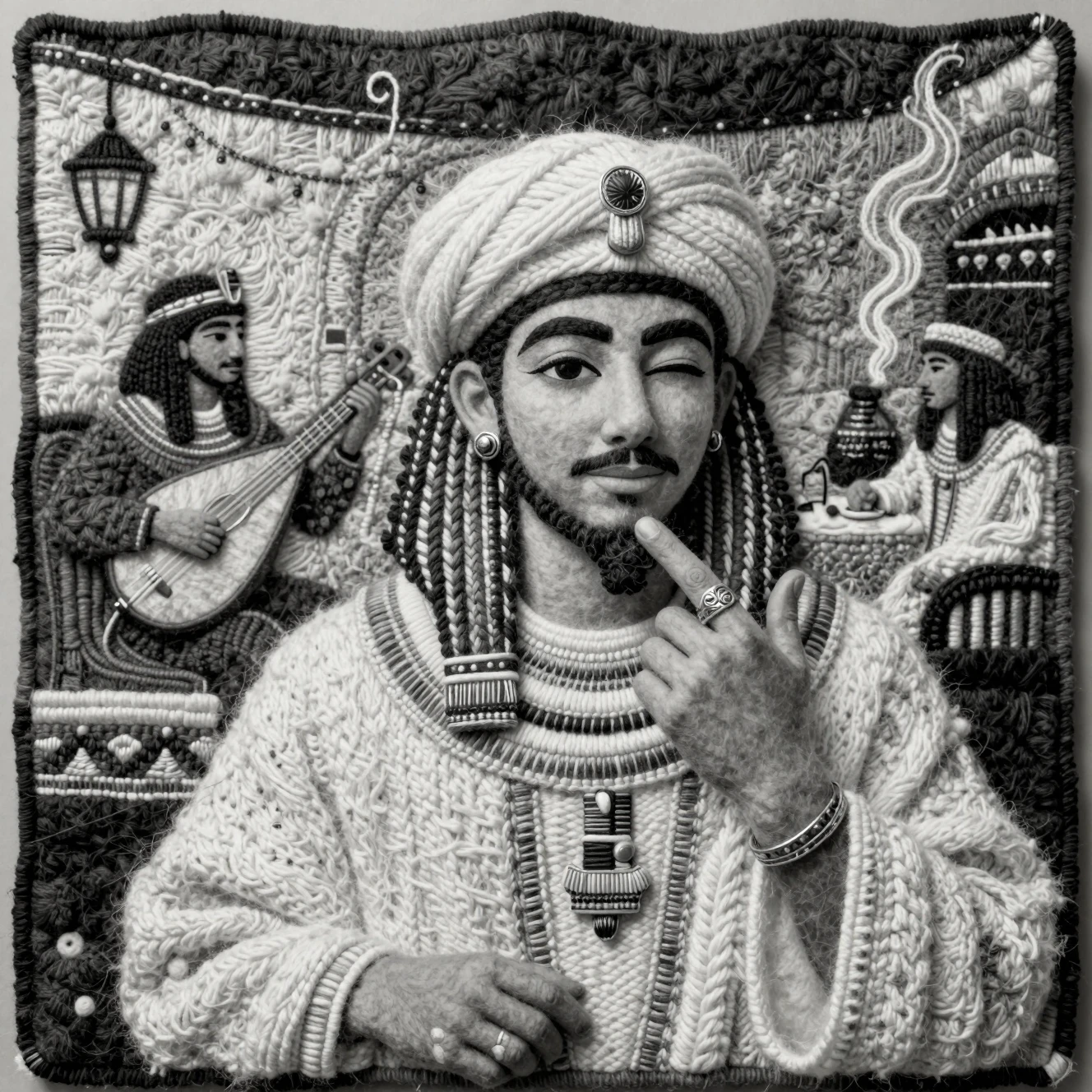 Textile portrait of an Egyptian man in a traditional cafe