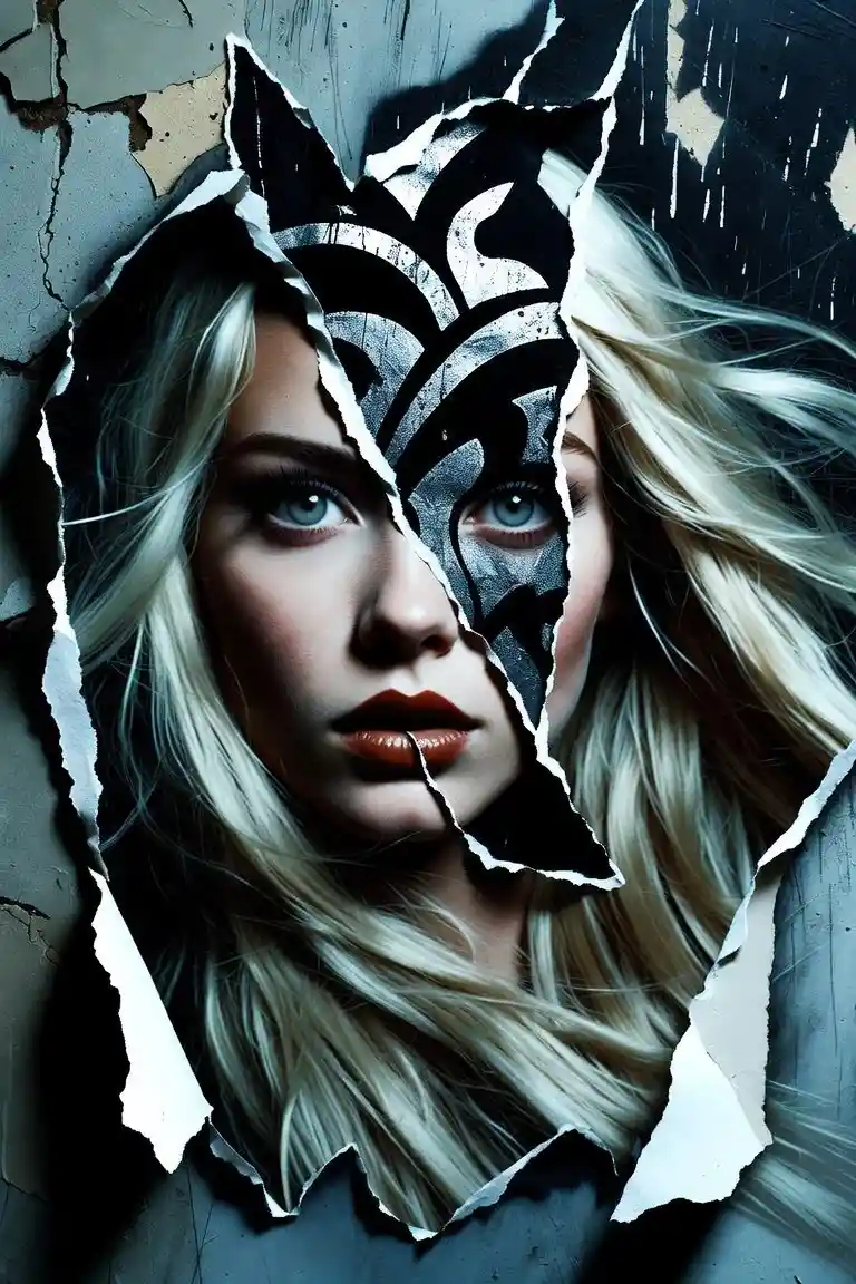 Torn poster of a blonde woman with silver blue eyes