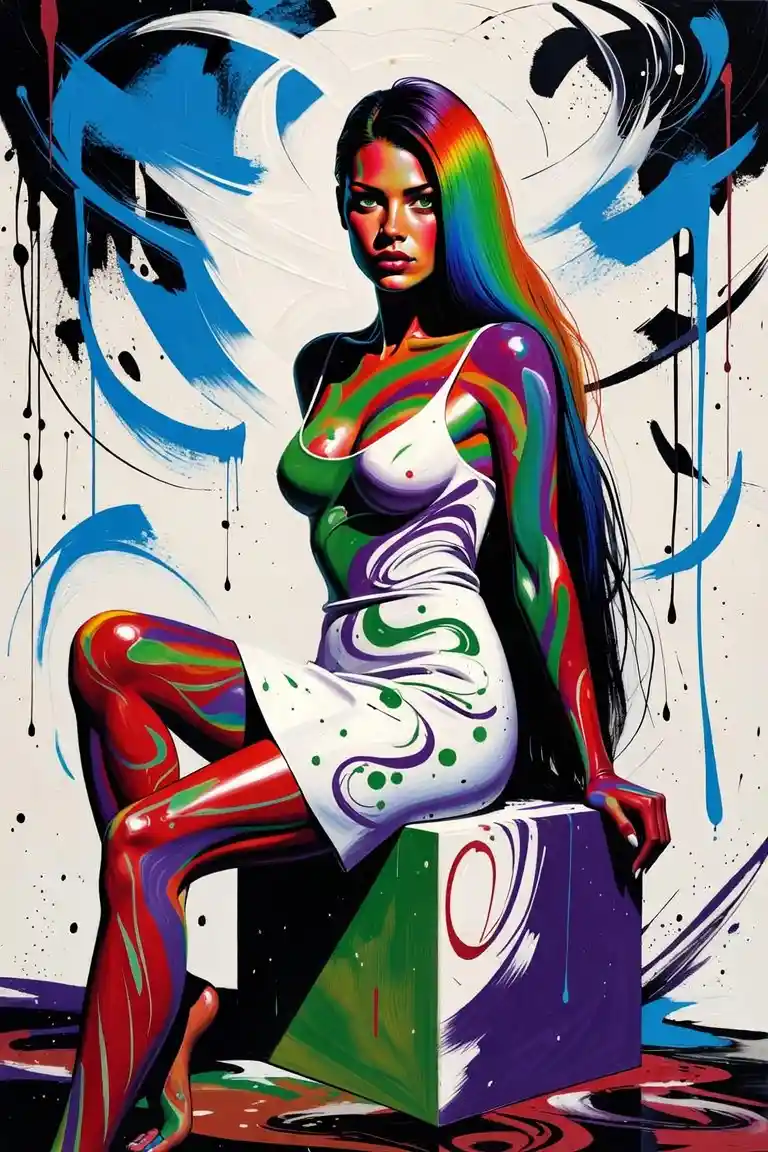 Colorful abstract woman sitting on a painted cube