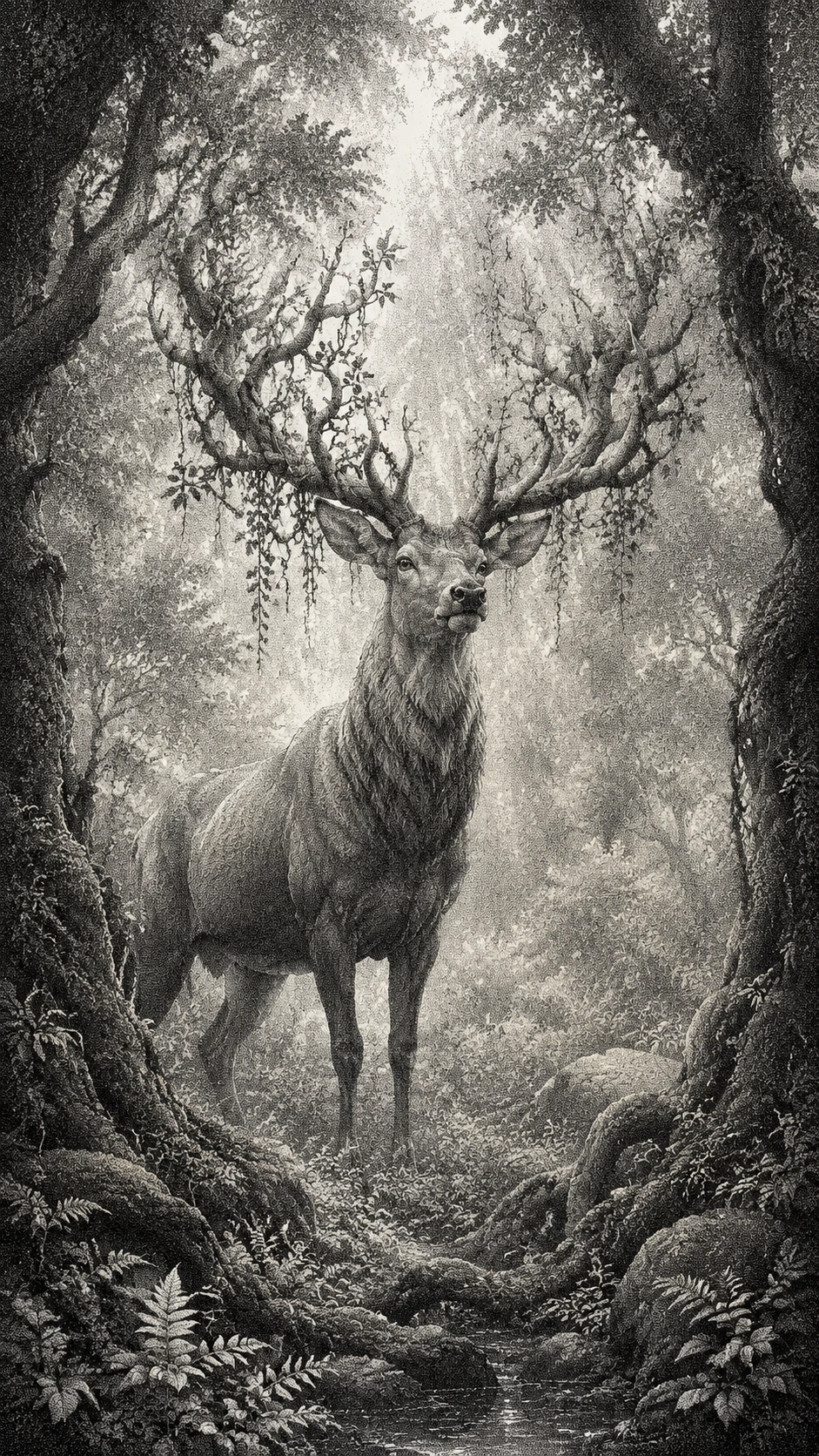 Majestic stag in a stippled enchanted forest clearing