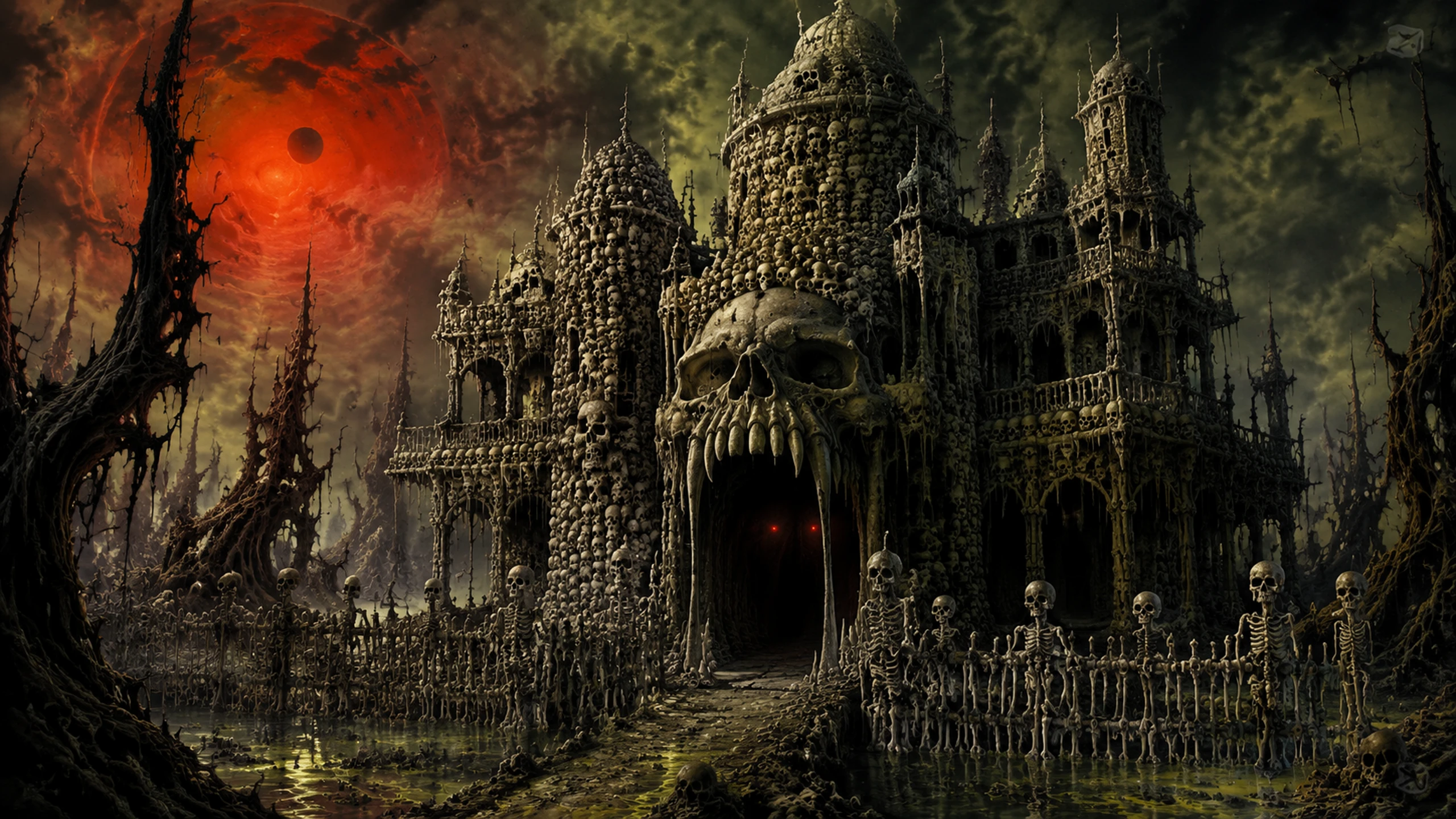 Surreal haunted skull mansion in a nightmarish forest