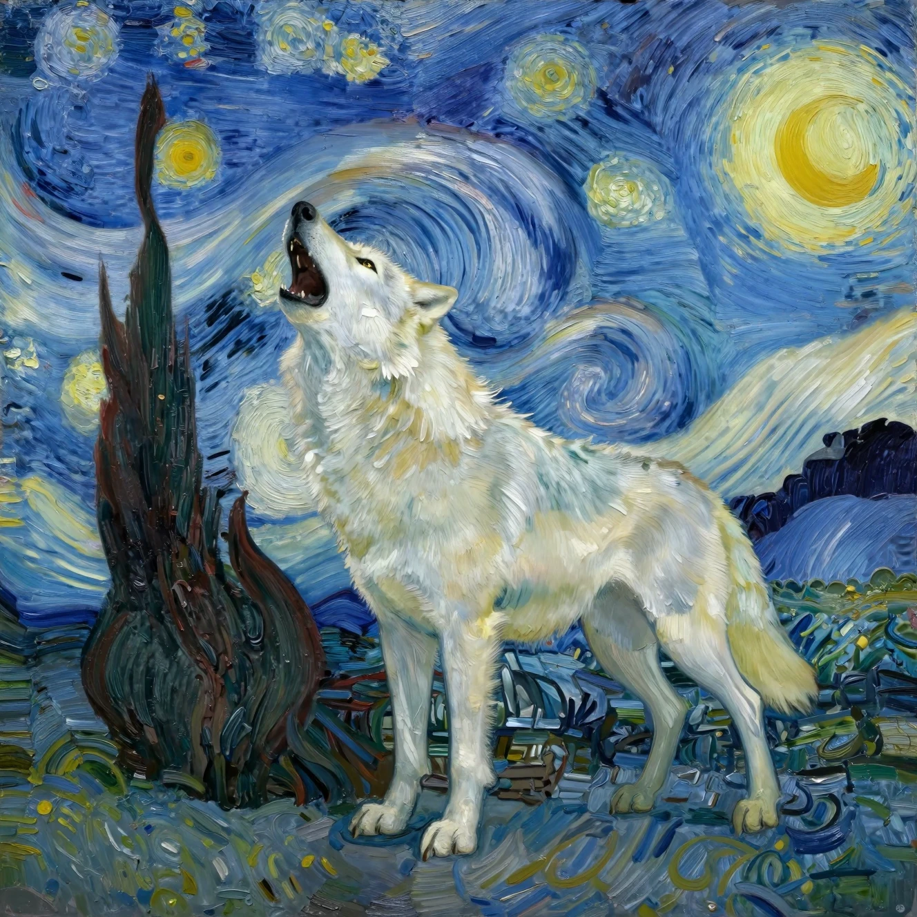 White wolf howling beneath a swirling moonlit sky