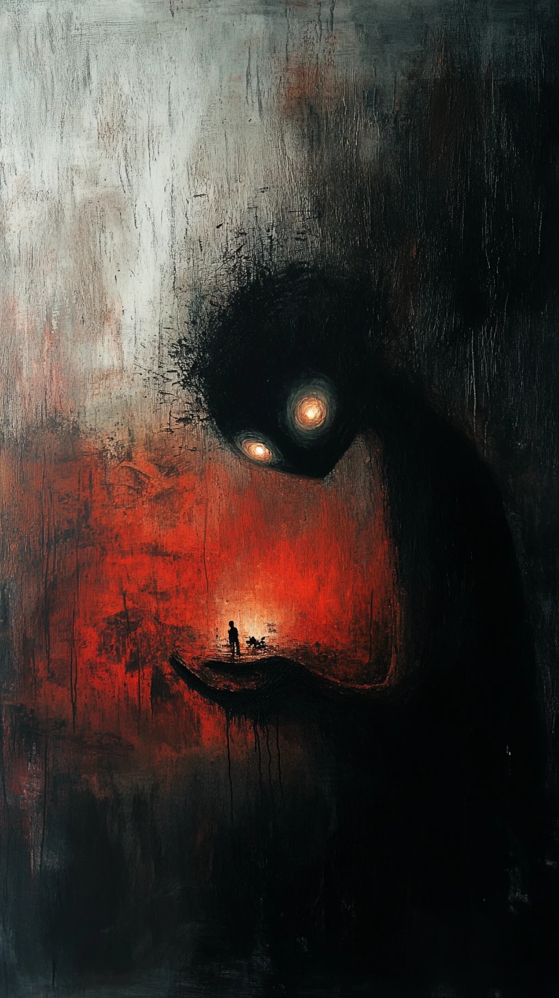 Figure Holding Glowing Ember With Tiny Surreal Landscape