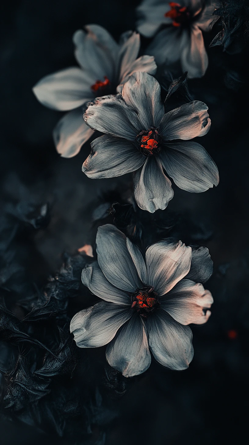 Pale Flowers Glowing Against A Dark Textured Void